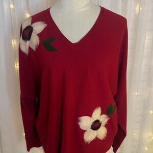 Elegant Red V-Neck Sweater with Hand Painted Floral Design